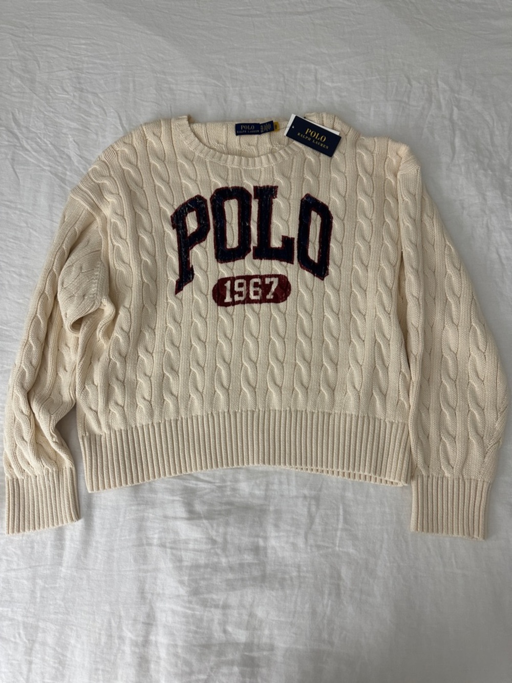 Polo by Ralph Lauren Cream Cable-Knit Crewneck Sweater with Blue & Maroon Logo